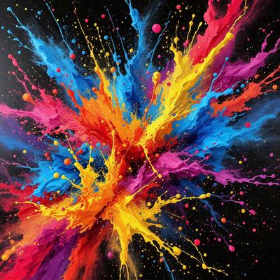 The primary subject of the image is a close-up of a colorful, abstract painting. The painting features a mix of bright colors, including yellow, pink, blue, and orange. The setting is a black background, which contrasts with the vibrant colors of the painting. The visual style of the image is a combination of digital art and illustration, creating a unique and eye-catching piece of art. The overall atmosphere of the painting is lively and energetic, with the colors and patterns creating a sense of
